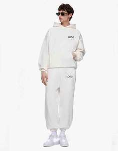 <b>Mens</b> Solid White Custom Logo <b>Pullover</b> Hoodie and Matching Jogger Sweatpants Tracksuit OEM ODM Wholesale Apparel - Product Image 1