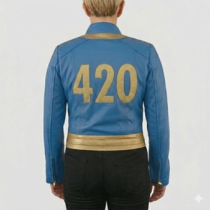แจ็คเก็ตหนังคอสเพลย์ Fallout สีน้ำเงิน ชุด Vault ทรงเข้ารูปสำหรับผู้หญิง เสื้อคลุมฮาโลวีน แจ็คเก็ตบอมเบอร์ ของขวัญสำหรับเกมเมอร์ ทำด้วยมือ - Product Image 2