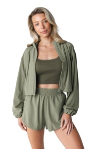 Blouson vert olive pour femme, manches longues, fermeture éclair, coupe-vent, col montant, longueur courte, idéal pour l'été - Product Image 2