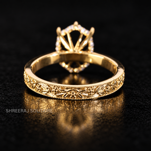 Monture de bague de fiançailles semi-montée personnalisée pour diamant ovale, en or jaune massif 14K 18K, gravée motif floral vintage, avec halo dissimulé, bijoux - Product Image 5