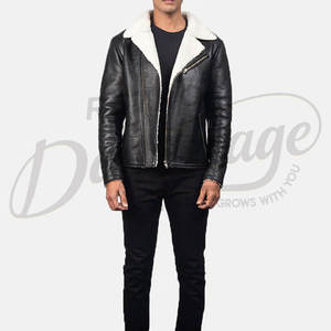 Blouson de motard en cuir noir premium pour homme avec col en fausse fourrure blanche, manteau chaud en peau de mouton pour l'hiver, coupe ajustée élégante - Product Image 3