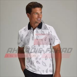 <b>Men's</b> <b>White</b> Palm Print <b>Short</b> <b>Sleeve</b> Polo <b>Shirt</b> With Navy Collar Zip Closure Breathable Casual Summer Wear - Product Image 2