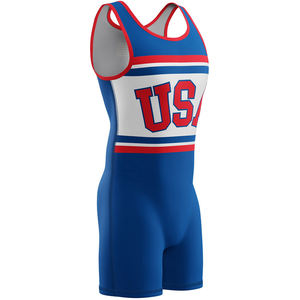 Maillot de lutte américain pour homme, ajusté, bleu, rouge, blanc, imprimé par sublimation, polyester extensible, adulte, vêtements de sport AMI - Product Image 3