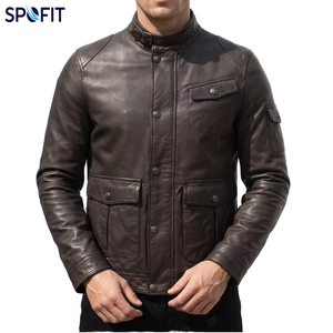 SPOFIT <b>Men's</b> Genuine <b>Leather</b> Moto <b>Jacket</b> Mandarin Collar Zipper Closure Solid Color Autumn Regular Fit Biker Style Embossed - Product Image 1