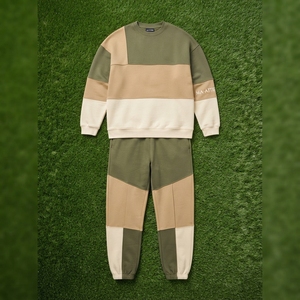 Ensemble sweat-shirt et pantalon de survêtement pour homme, col rond, couleurs contrastées, vert beige, streetwear décontracté, vêtements assortis, logo personnalisé - Product Image 5