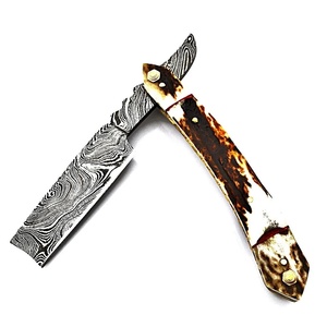 Premium Handmade Damascus Folding Straight Razor knife Natural Antler Handle Professional Grooming Razor camping knife bulk - Product Image 1