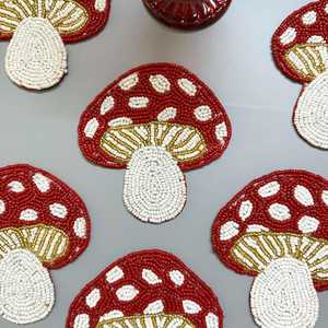 Set of 6 Red Mushroom Beaded <b>Coasters</b>, Housewarming Gift - Product Image 4