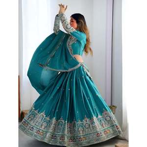 Lehenga Choli de Seda Crepé con Bordado Dori en Verde Azulado para Vestir en la Noche de Forma Festiva - Product Image 5