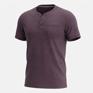 T-shirt décontracté à manches courtes pour homme, col Henley boutonné, couleur unie, en coton, style deux pièces - Product Image 2