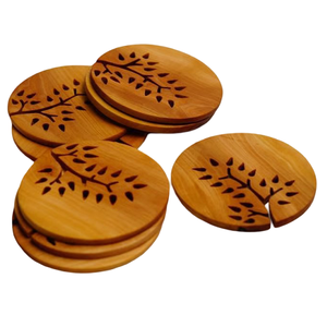 Round Wooden <b>Coaster</b> <b>Set</b> Of 4 Pcs With Wood Finished For Hot & Cold Cover Of Beverage Kitchenware <b>Coaster</b> <b>Set</b> - Product Image 2