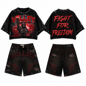 Black Washed Streetwear T-Shirt and Shorts Tracksuit Set <b>Punk</b> Solid Fleece Hooded Regular Fit 2 Piece <b>Outfit</b> Unisex 100% Cotton - Product Image 2