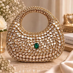 Fashion Women's Royal Emerald <b>Gold</b>-Plated Handmade Customized Shape Kundan Embellished Bridal <b>Clutch</b> - Product Image 5