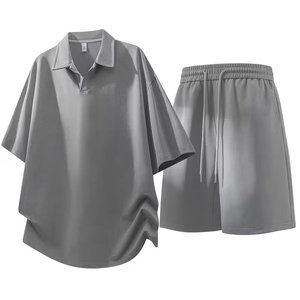 Men's Black Sporty Shirt Casual Set Summer Ice Silky Fiber Fabric Thin American-Style Lapel Short-Sleeve T-Shirt 2pcs Set Summer - Product Image 3