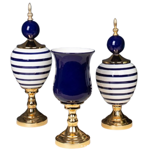 แจกันดอกไม้ตกแต่งทรงกลมโลหะอะลูมิเนียมสามขนาด สีฟ้าขาว พร้อมฐานชุบทอง - Product Image 1