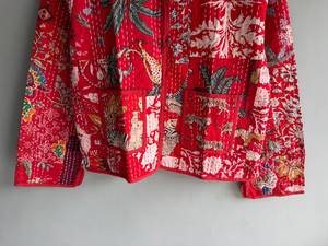 Bohemian Red Cotton <b>Embroidered</b> <b>Jacket</b> <b>Women</b> V-Neck Button Front Full Sleeve Patchwork Pattern Casual Outerwear All Seasons Wear - Product Image 5