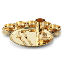 Service de table Maharaja en laiton massif gravé, artisanal, écologique, durable, avec incrustations dorées, 10 pièces, vaisselle royale traditionnelle