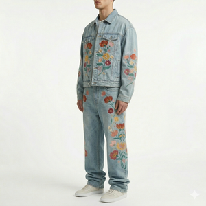 Ensemble veste et jean en denim délavé 14 oz, style vintage, streetwear lourd, tenue deux pièces, personnalisable OEM ODM, vente en gros - Product Image 2