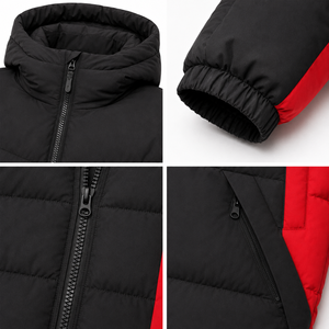 Custom Casual Hooded Puffer <b>Jacket</b> Winter Streetwear Color Block Panels Warm Embroidered Front Logo Zipper Pockets Service - Product Image 4
