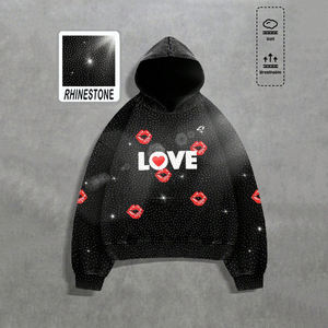 Sudadera con capucha de algodón polar con estampado de labios y gráfico de diamantes de imitación, estilo oversize, streetwear, diseño de marca privada - Product Image 2