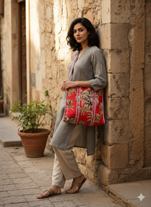 Bolso Tote de Algodón Acolchado Artesanal Ligero con Motivo Floral de Rosas Rojas, Bolso de Hombro Étnico Grande Abierto para Mujer - Product Image 2