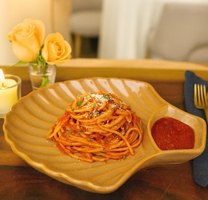 Modern Ribbed <b>Ceramic</b> Pasta <b>Plate</b> with Built-In Sauce Compartment – Elegant Serving Dish for Spaghetti, Pasta & Gourmet Meals - Product Image 1