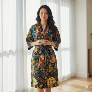 Robe kimono en coton faite à la main, col en V, manches longues, vêtements de nuit pour femmes, robe maxi d'été pour la plage, passepoil contrasté, 2 poches sur le devant - Product Image 2