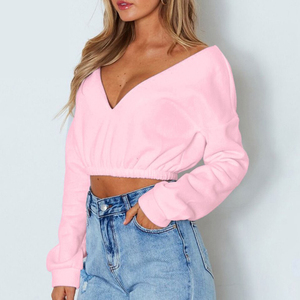 Sudadera corta con capucha para mujer, informal, de invierno, de manga larga, con cuello en V y hombros descubiertos, de poliéster - Product Image 5
