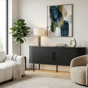 Soporte de TV de tablero de partículas negro con relieve y puertas correderas de listones, centro de entretenimiento con mesa ovalada de 147x35x58cm y diseño moderno - Product Image 3