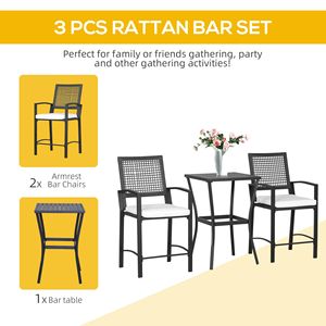 Set da Bar da Esterno in Rattan a 3 Pezzi con Morbidi Cuscini per Giardini, Prati, Terrazze e Bordo Piscina - Product Image 4