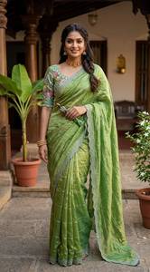 Sari de seda Fandy con cuentas y trabajo Magam, diseño de diseñador para fiestas y bodas, con blusa de seda Fandy con trabajo Saroski. - Product Image 1