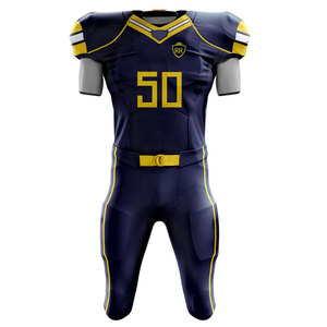 Uniforme de football américain Royal Ridge pour hommes, bleu marine et jaune, impression par transfert thermique, polyester respirant, taille adulte, haute qualité, OEM - Product Image 1