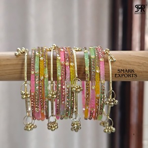 Elegant Multicolor Glass <b>Bangles</b> Set with Stone Work and Ghungroo Traditional <b>Indian</b> Bridal Wedding Festival Jewelry for Women - Product Image 6