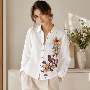 Camisa de Manga Larga de Algodón Blanco para Mujer, Blusa Casual con Botones y Bordado Floral Grande para Venta al por Mayor B2B - Product Image 1
