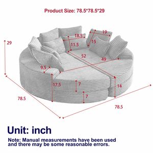 Divano Letto Reclinabile Oversize Rotondo in Corduroy da 78,5 Pollici, Convertibile 2-in-1 con Cuscino per il Collo e Cinque Cuscini Decorativi Inclusi - Product Image 2