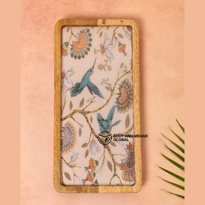Bandeja Redonda de Madera de Mango con Resina Epoxi y Diseño Floral de Aves, Bandeja Decorativa de Madera para Almacenamiento de Alimentos para Cocina, Comedor y Hogar - Product Image 1