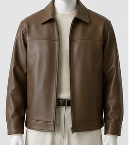 เสื้อแจ็คเก็ตหนังแท้สำหรับผู้ชาย ปกคอพับ ปิดด้วยซิป - Product Image 3