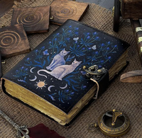 Carnet de notes et de croquis en cuir A5 à couverture rigide, motif chat noir gaufré, papier vintage à bords festonnés, pour sorcellerie et couture, vente en gros