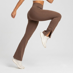 High Waist <b>Flared</b> <b>Leggings</b> Solid Color Stretch Knitted Full Length Women's Activewear Pants - Product Image 4