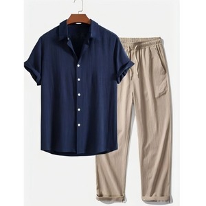 Conjunto de Uniforme Personalizado para Hombre, Camisa y Pantalón de Lino de Primera Calidad, Manga Corta, con Botones, Estilo Casual para Verano - Product Image 4