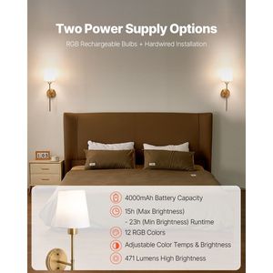 Battery Operated Wall Sconce Set 2pcs 4000mAh Rechargeable <b>Wireless</b> RGB Wall <b>Lights</b> with 30 Lighting Modes and Remote Control - Product Image 2