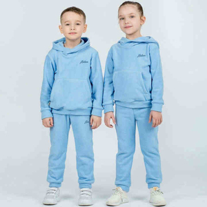 Ensemble de survêtement polaire épais 100 % coton personnalisé pour enfants, vente en gros, sweat à capuche et pantalon de jogging bleus unis doux pour tout-petits, hiver - Product Image 2