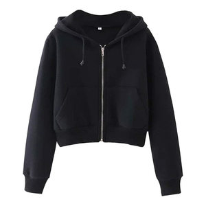 Customize <b>Women's</b> <b>Black</b> Cropped Hoodie Zip-Up <b>Sweatshirt</b> Full Sleeve Solid Color Knitted Breathable Autumn Wear OEM ODM 2026 - Product Image 1