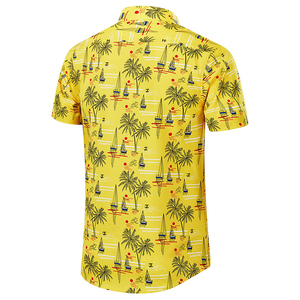 เสื้อเชิ้ตฮาวายสีเหลืองสำหรับผู้ชาย แขนสั้น ลายต้นปาล์มและเรือใบ ระบายอากาศได้ดี เหมาะสำหรับทำงาน วันหยุดพักผ่อน ฤดูร้อน ปกเสื้อแบบพับได้ - Product Image 2