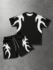 Custom Logo Design Terry 100% Cotton Breathable Seamless Fusing Two-Piece Men's Summer Set Acid Wash Print Shorts T-<b>shirt</b> Unisex - Product Image 1