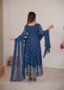 Thread Crafted Faux Georgette Anarkali Ensemble Enhanced With <b>Sequin</b> <b>Art</b> Matching Drape And Tailored Trouser Silhouette - Product Image 4