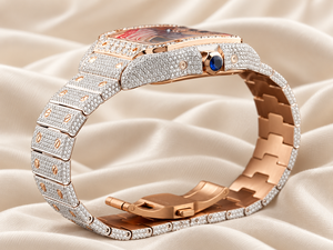 Montre mécanique en acier inoxydable avec incrustation de diamants Raj Gems, couleur or rose, chronographe carré, aiguilles analogiques, 20 mm, luxe et mode - Product Image 2