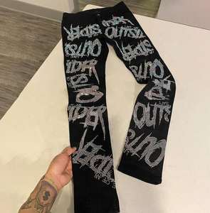 กางเกงแฟชั่นทรงโอเวอร์ไซส์ สตรีทแวร์ พิมพ์ลายตามสั่ง ประดับเพชร กางเกงจ็อกเกอร์ขายาวทรงหลวม กางเกงสเวตแพนท์ขาบานสำหรับผู้ชาย - Product Image 5