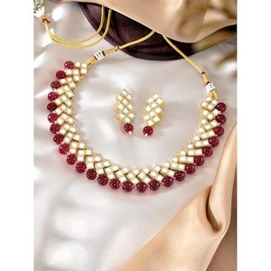 Gold Plated Alloy Necklace Earrings <b>Set</b> with Red Kundan Geometric Design <b>for</b> <b>Women</b> <b>Wedding</b> Party Classic Jewelry - Product Image 6