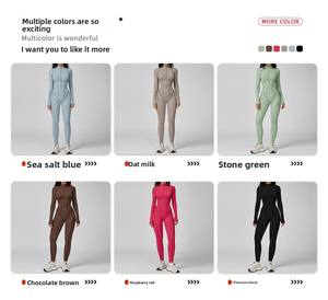 Women Solid Color Seamless Full Length Sports <b>Bodysuit</b> With Contrast Stitch Turtleneck Long Sleeve Gym Wear - Product Image 6