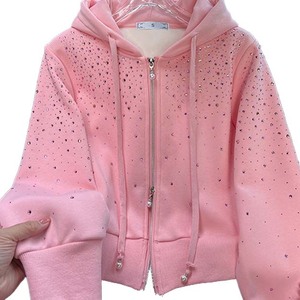 <b>Pink</b> Rhinestone Hooded <b>Tracksuit</b> Set Women Casual Loose Fit Full Sleeve Zipper Two Piece Sweatshirt Pants Spring Outfit - Product Image 2